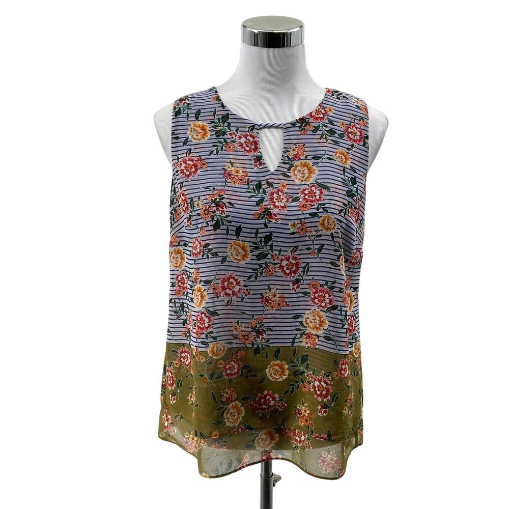 Cabi Women's Small Floral Striped Sleeveless Blouse Keyhole Colorblock Tunic Top